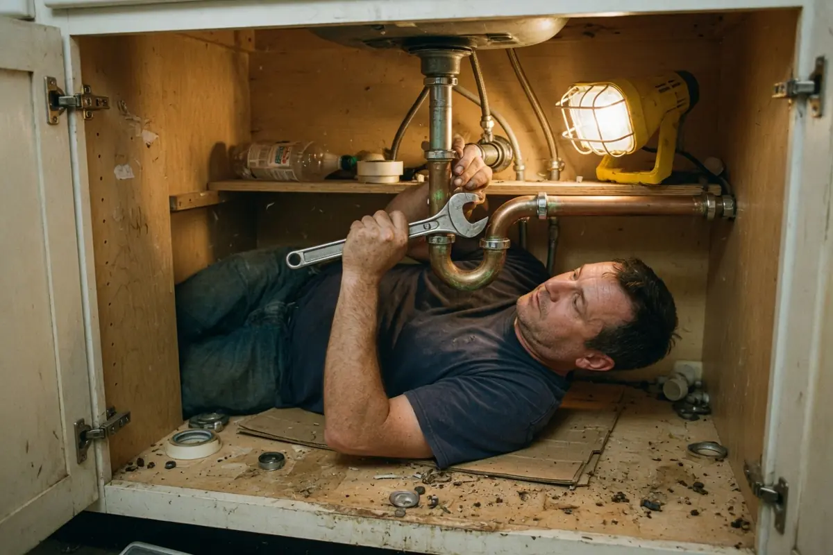 Plumber working a copper trap under a kitchen sink