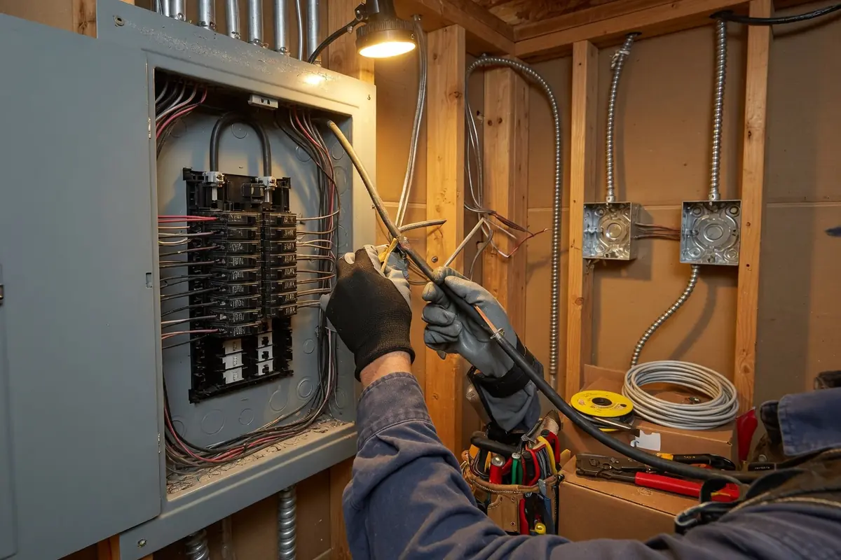 Electrician routing cable into an open breaker panel