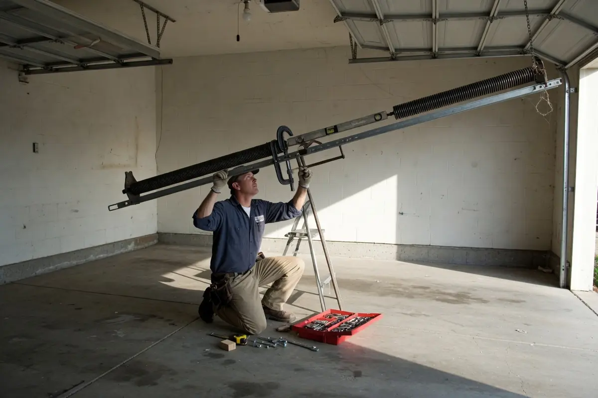 Technician aligning a garage door torsion spring