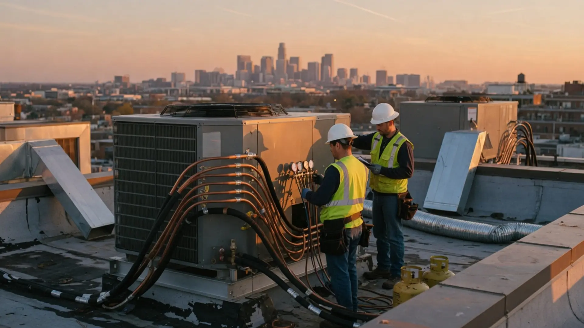 HVAC crew charging rooftop condensers at dusk