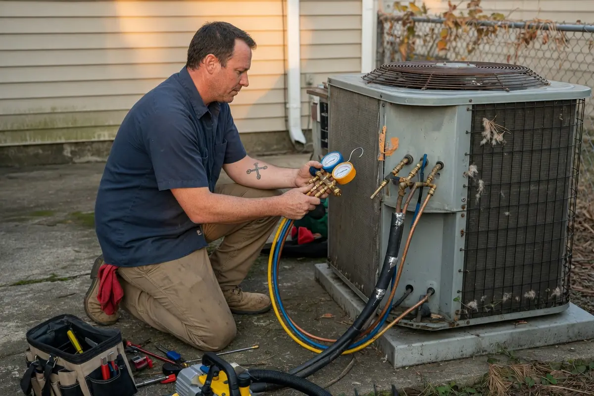 Technician connecting gauges to an outdoor condenser