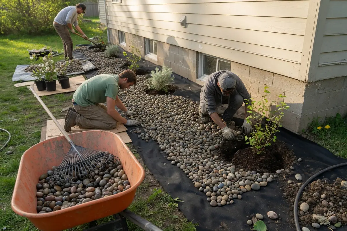 Crew planting a shrub bed along a house foundation
