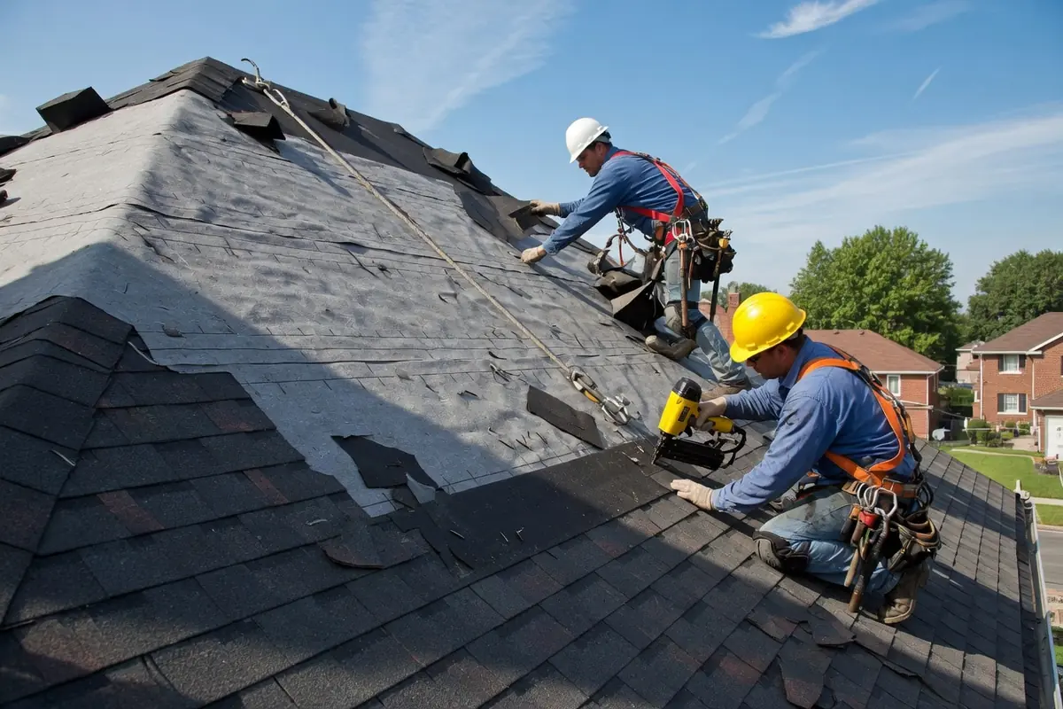 Roofers laying shingles on a steep residential roof